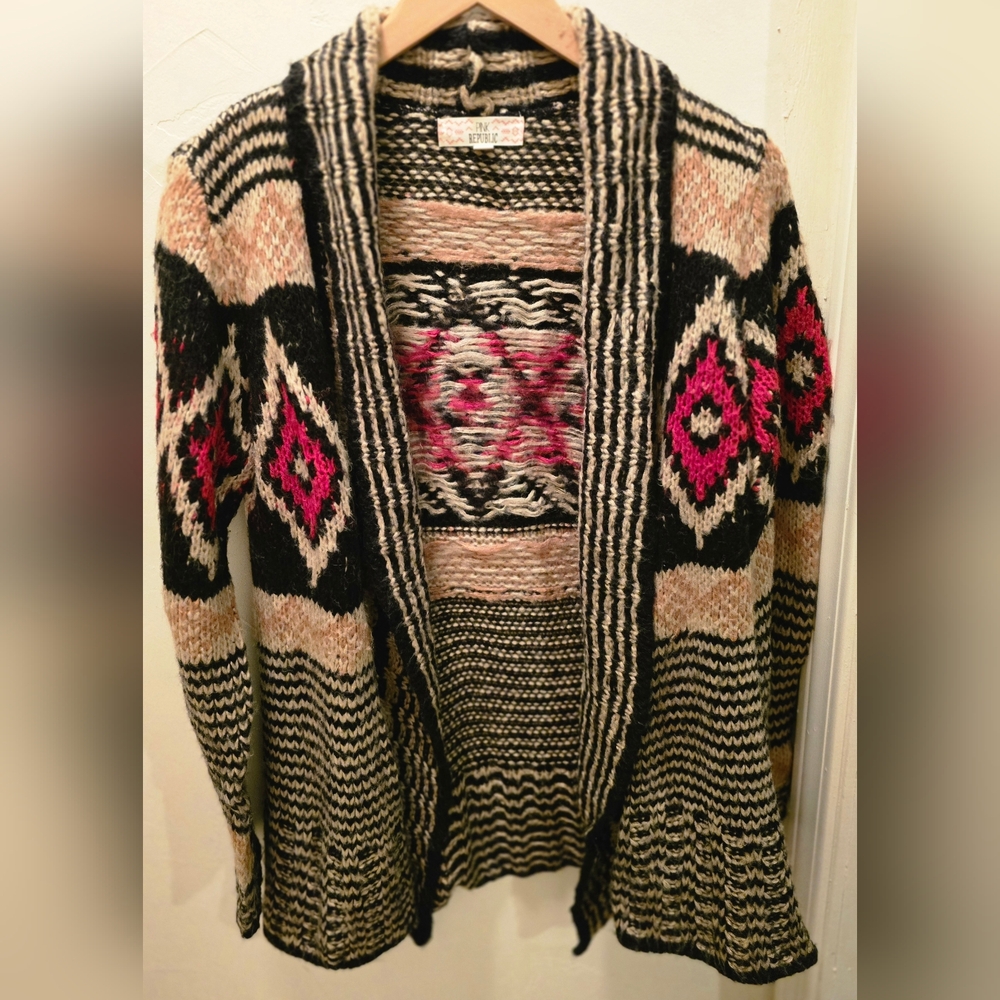 Pink Republic Black and Pink Patterned Open Cardigan Medium - Picture 1 of 6